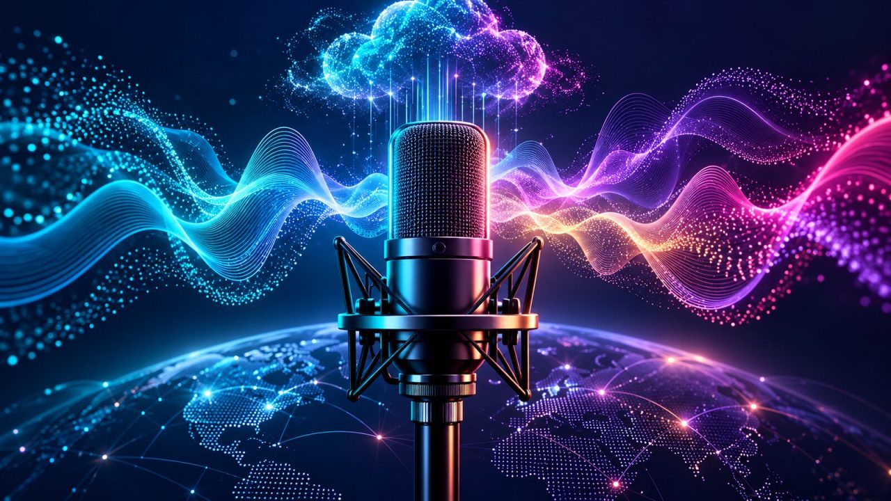 ميكروفون احترافي تحيط به موجات صوت توليدية متعددة اللغات