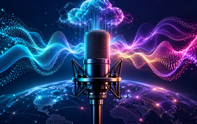 ميكروفون احترافي تحيط به موجات صوت توليدية متعددة اللغات